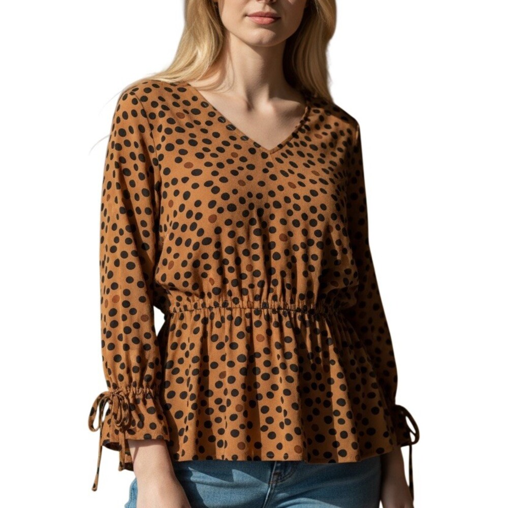 EVRI Blouse Womens Plus Size 2XL Brown Polka Dot V-Neck Peplum Tie Cuff